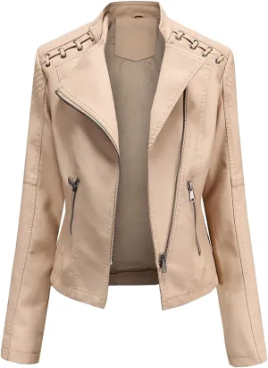 Womens Cropped Faux Leather Jackets Plus Size Slim Fit Moto Bike Coats Lapel Fashion Zipper Motorcycle Suit Jacket