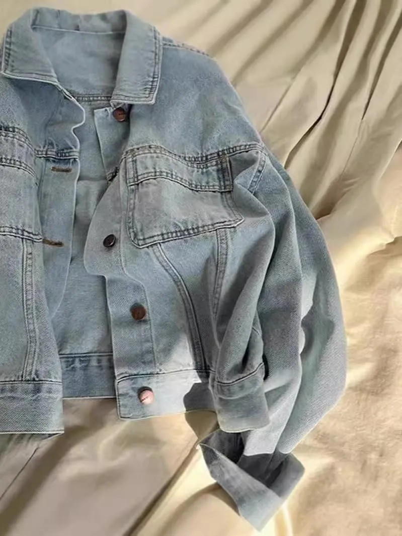 Women's Denim Jacket Spring Long Sleeve with Retro Thin Jeans Jacket