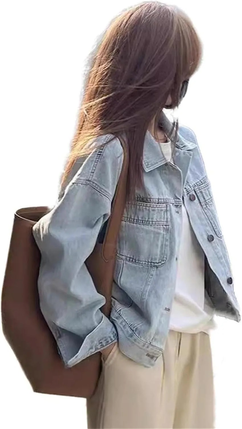 Women's Denim Jacket Spring Long Sleeve with Retro Thin Jeans Jacket