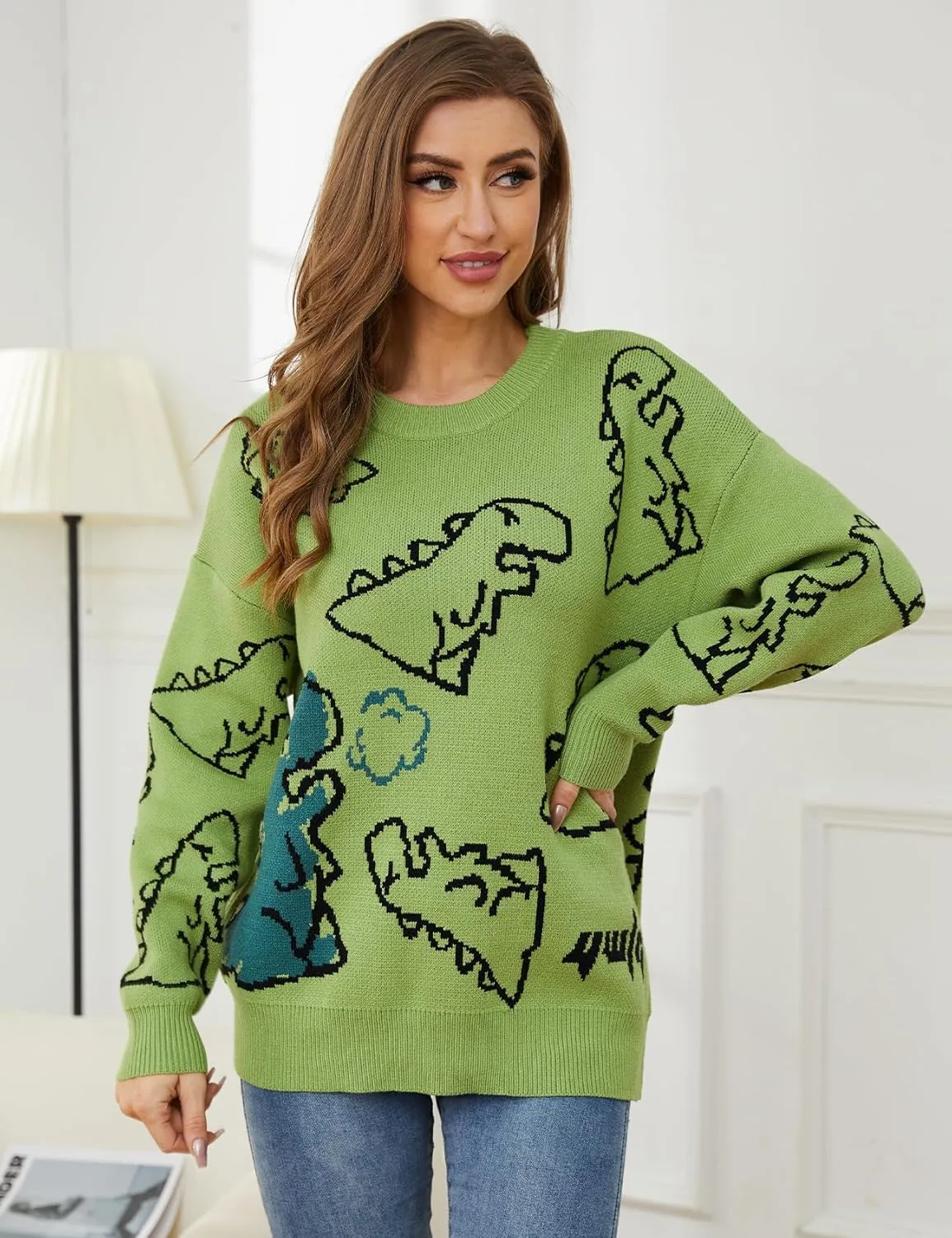 Women's Dinosaur Sweater Vintage Oversized Sweater Y2K Graphic Knit Pullover Sweater Unisex Casual Cute Kawaii Tops