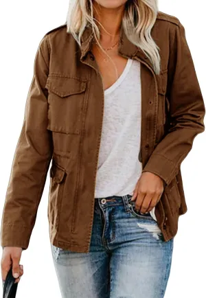 Womens Fall Jackets Military Anorak Jackets Lightweight Cargo Jacket Snap Buttons Parka Safari Utility Coats Pockets