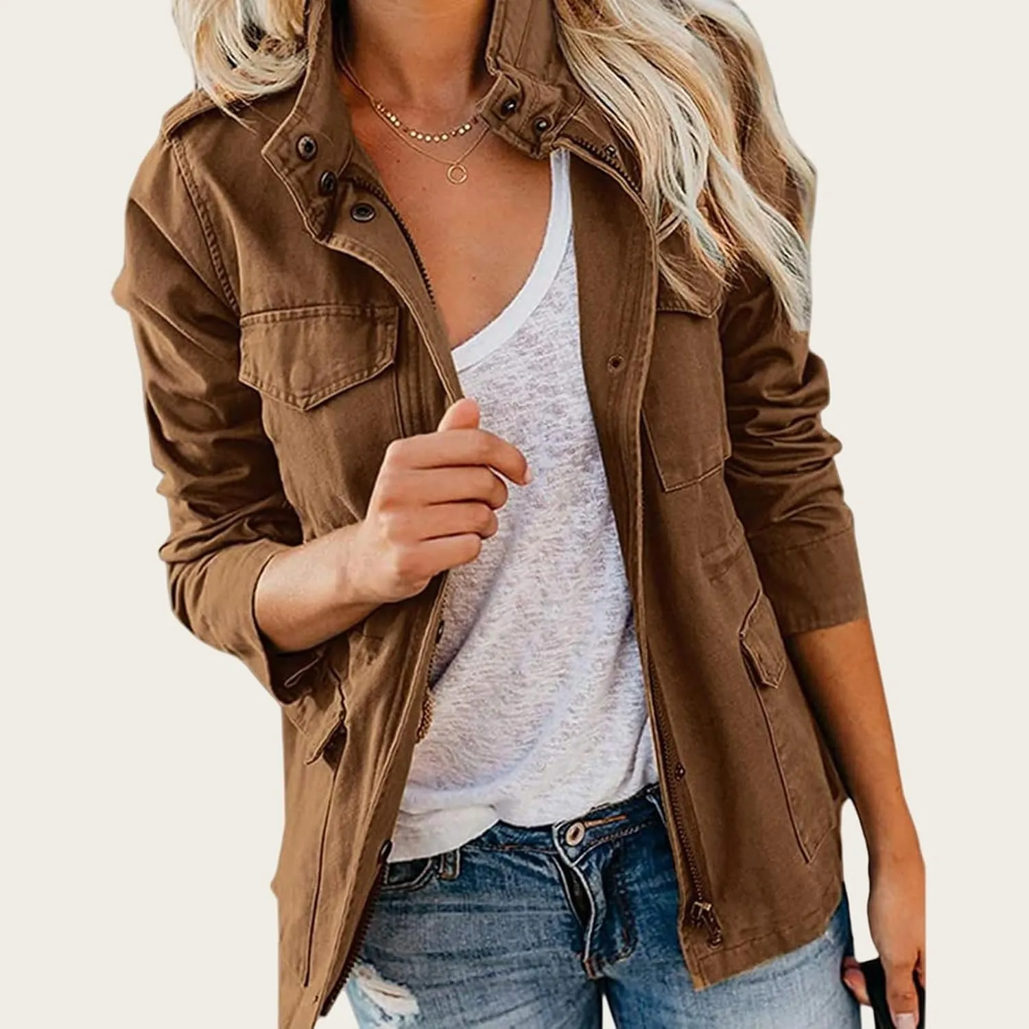 Womens Fall Jackets Military Anorak Jackets Lightweight Cargo Jacket Snap Buttons Parka Safari Utility Coats Pockets