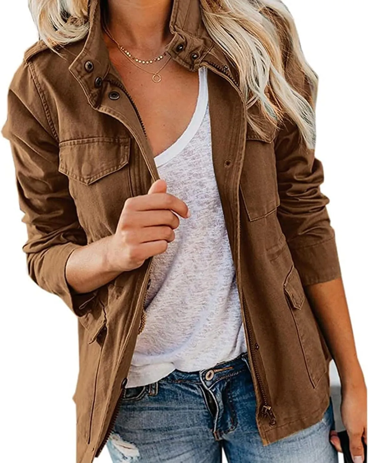Womens Fall Jackets Military Anorak Jackets Lightweight Cargo Jacket Snap Buttons Parka Safari Utility Coats Pockets