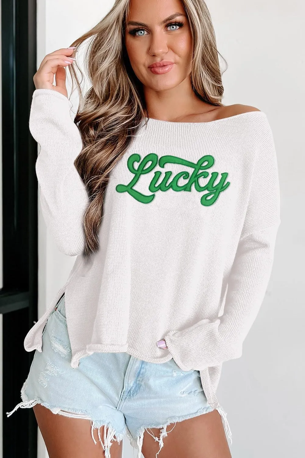 Womens Fashion 2025 Champagne Please Graphic Long Sleeve Pullover Sweater Loose Crewneck Knitted Sweatshirt Tops