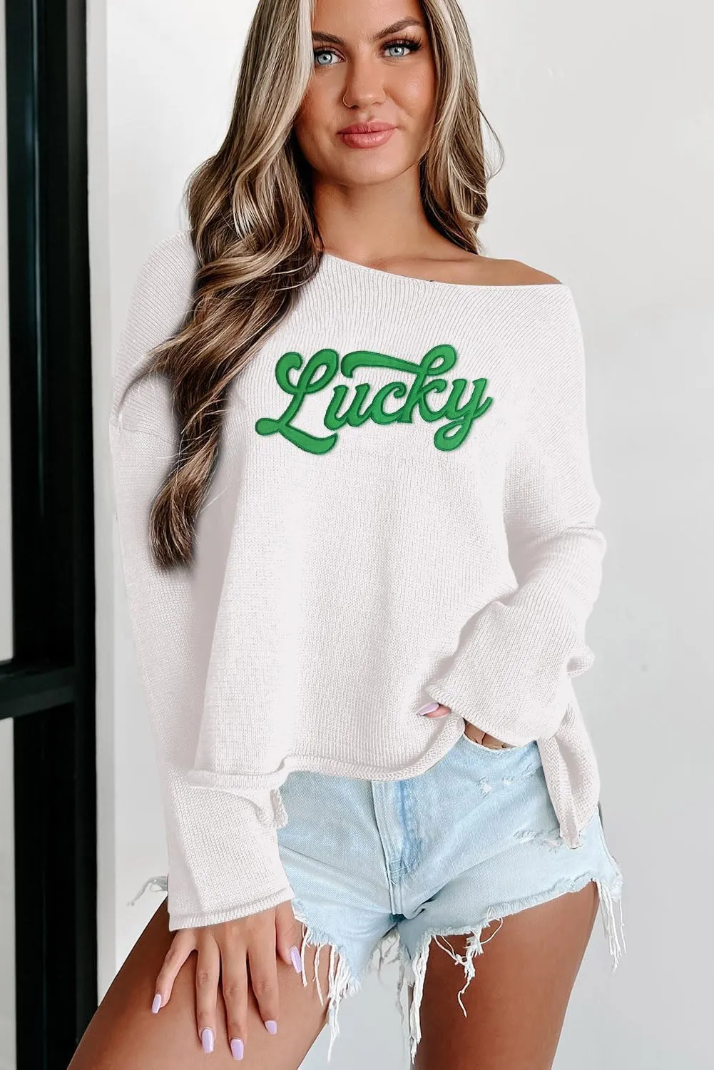 Womens Fashion 2025 Champagne Please Graphic Long Sleeve Pullover Sweater Loose Crewneck Knitted Sweatshirt Tops