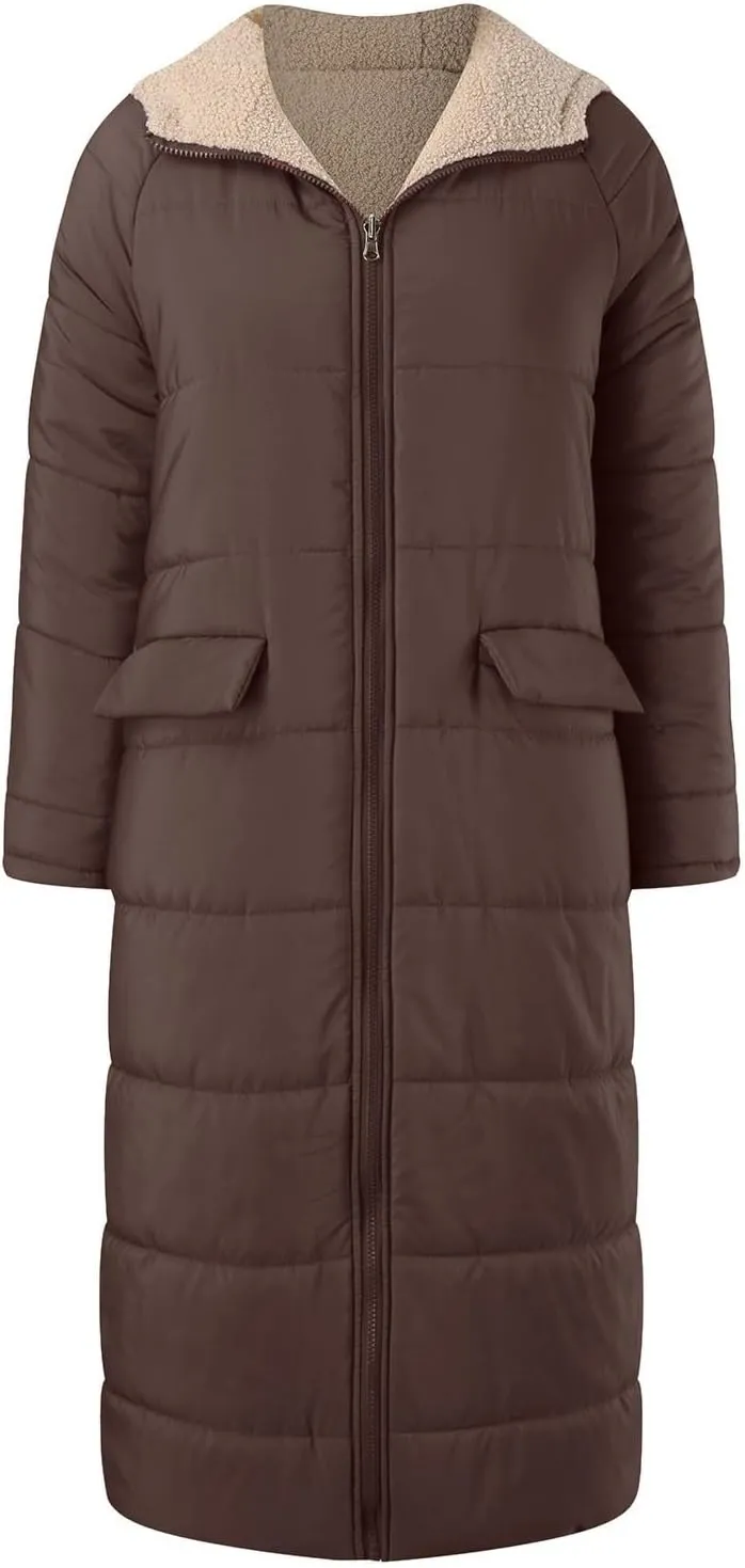 Womens Fashion Solid Long Fleece Coats with Pockets Zipper Warm Slim Outwear Reversible Hooded Winter Outdoor Overcoat