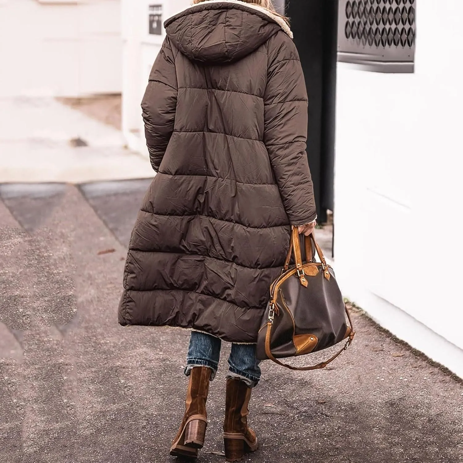 Womens Fashion Solid Long Fleece Coats with Pockets Zipper Warm Slim Outwear Reversible Hooded Winter Outdoor Overcoat