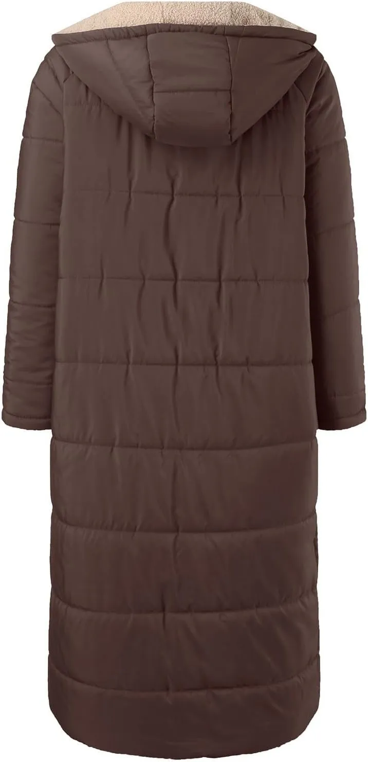 Womens Fashion Solid Long Fleece Coats with Pockets Zipper Warm Slim Outwear Reversible Hooded Winter Outdoor Overcoat