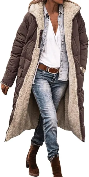 Womens Fashion Solid Long Fleece Coats with Pockets Zipper Warm Slim Outwear Reversible Hooded Winter Outdoor Overcoat