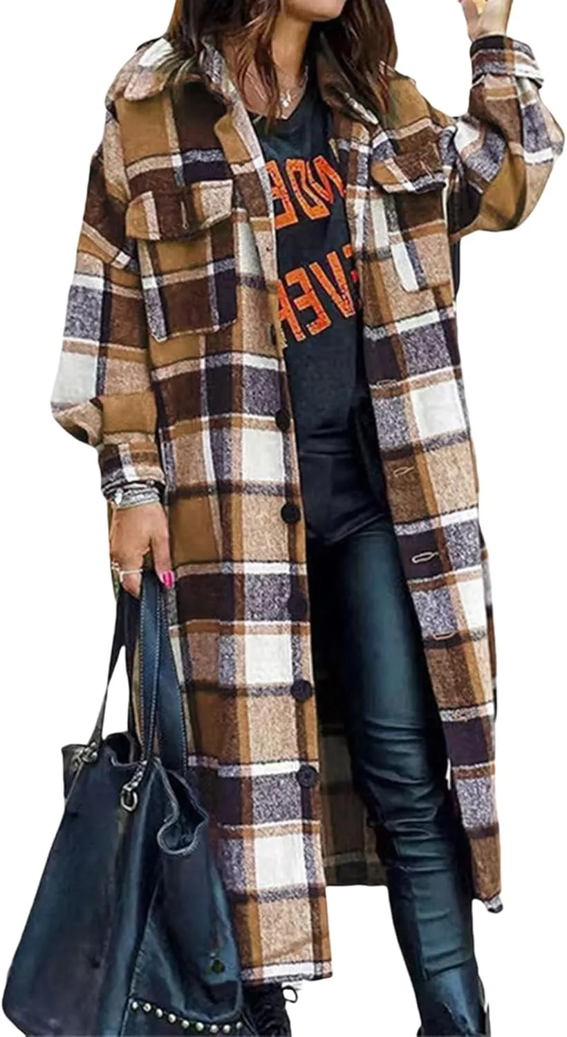 Womens Flannel Plaid Shacket Casual Loose Lapel Button Down Long Jacket Fall Winter Wool Blend Coat Warm Trench Coats