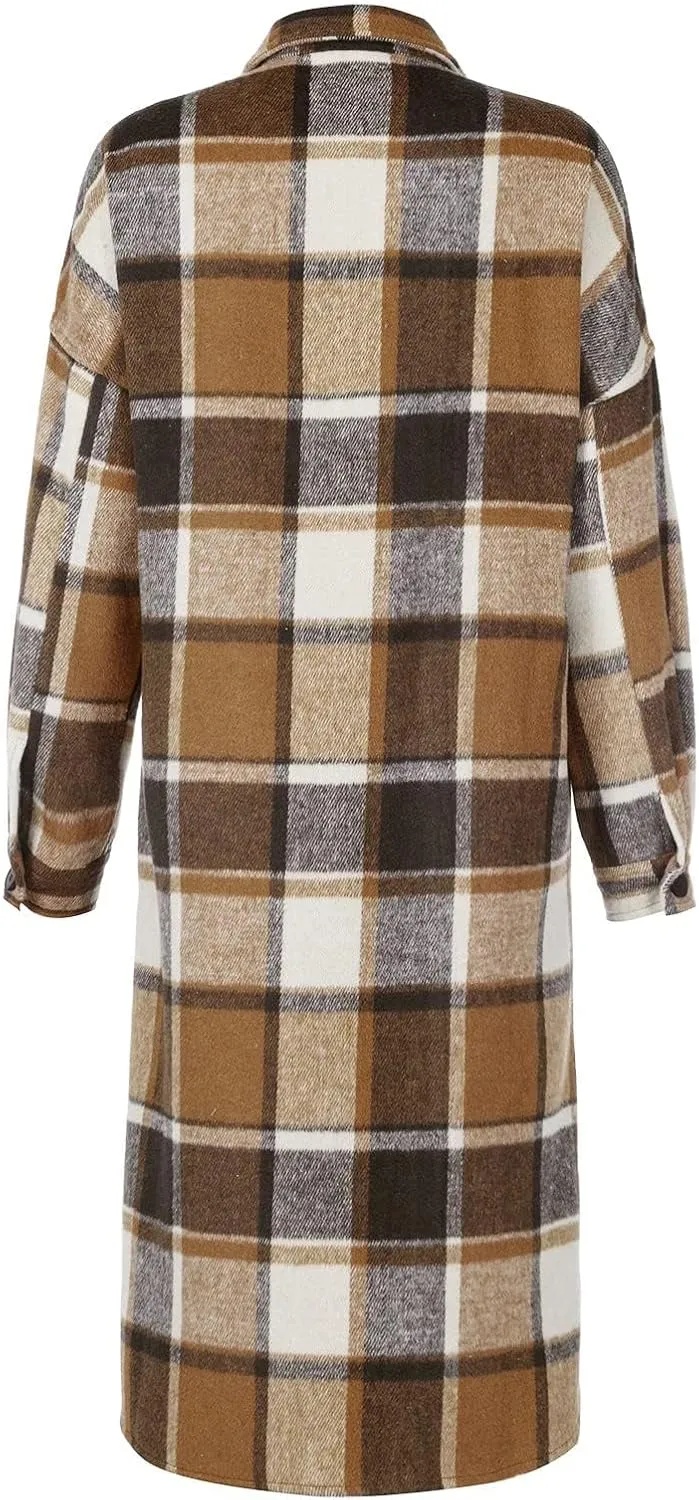 Womens Flannel Plaid Shacket Casual Loose Lapel Button Down Long Jacket Fall Winter Wool Blend Coat Warm Trench Coats