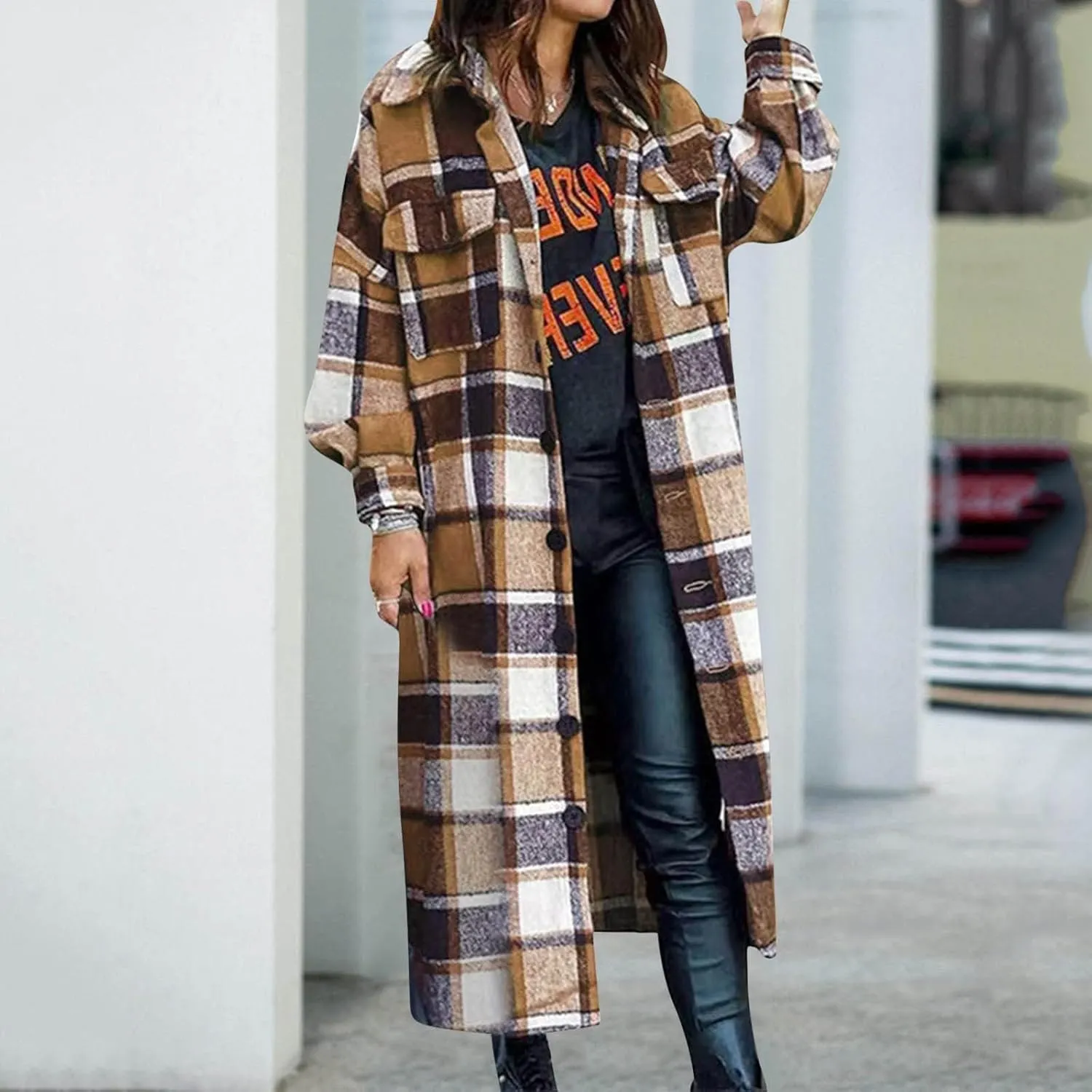 Womens Flannel Plaid Shacket Casual Loose Lapel Button Down Long Jacket Fall Winter Wool Blend Coat Warm Trench Coats