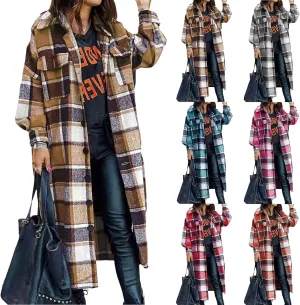 Womens Flannel Plaid Shacket Casual Loose Lapel Button Down Long Jacket Fall Winter Wool Blend Coat Warm Trench Coats