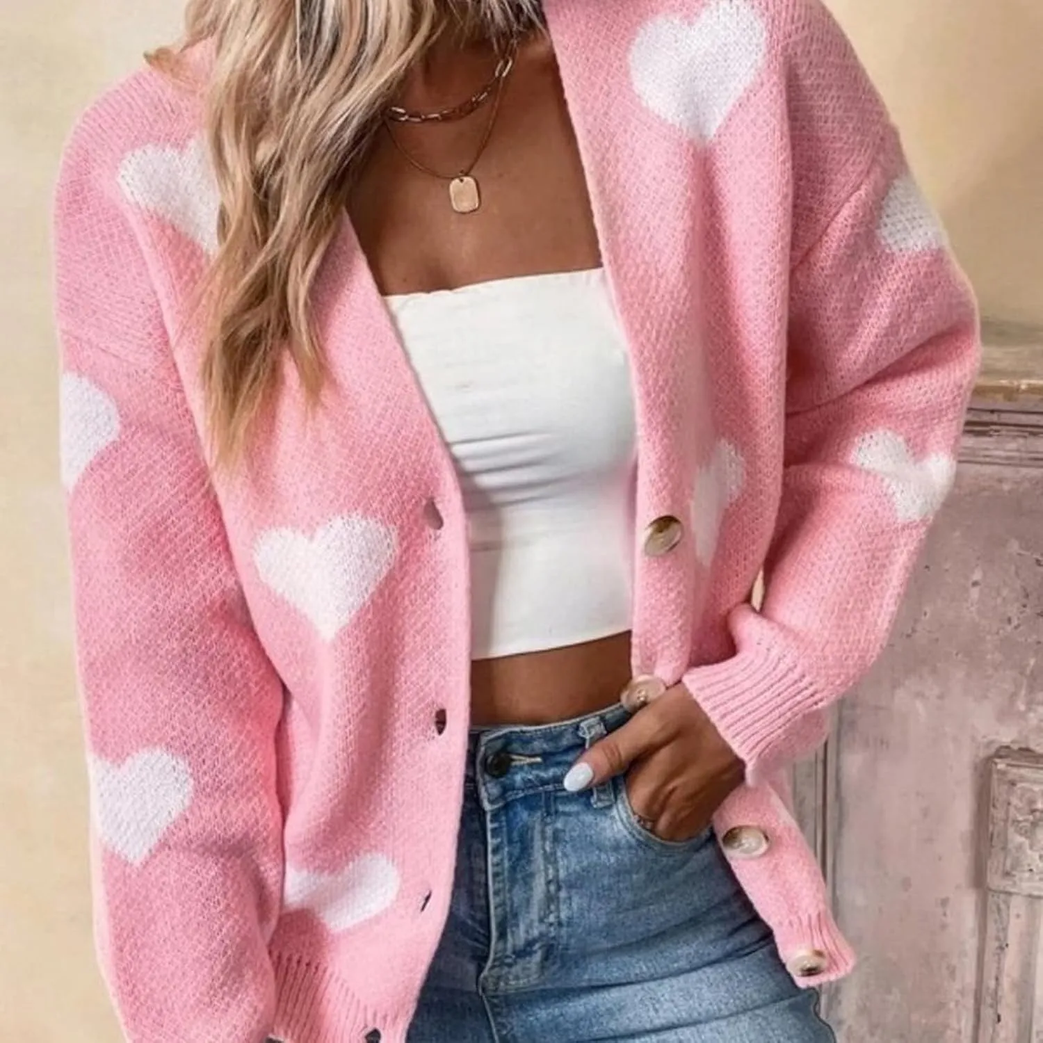 Women's Heart Sweater Cardigan Long Sleeve Button Knit Valentines Sweater