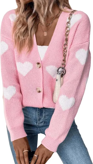 Women's Heart Sweater Cardigan Long Sleeve Button Knit Valentines Sweater