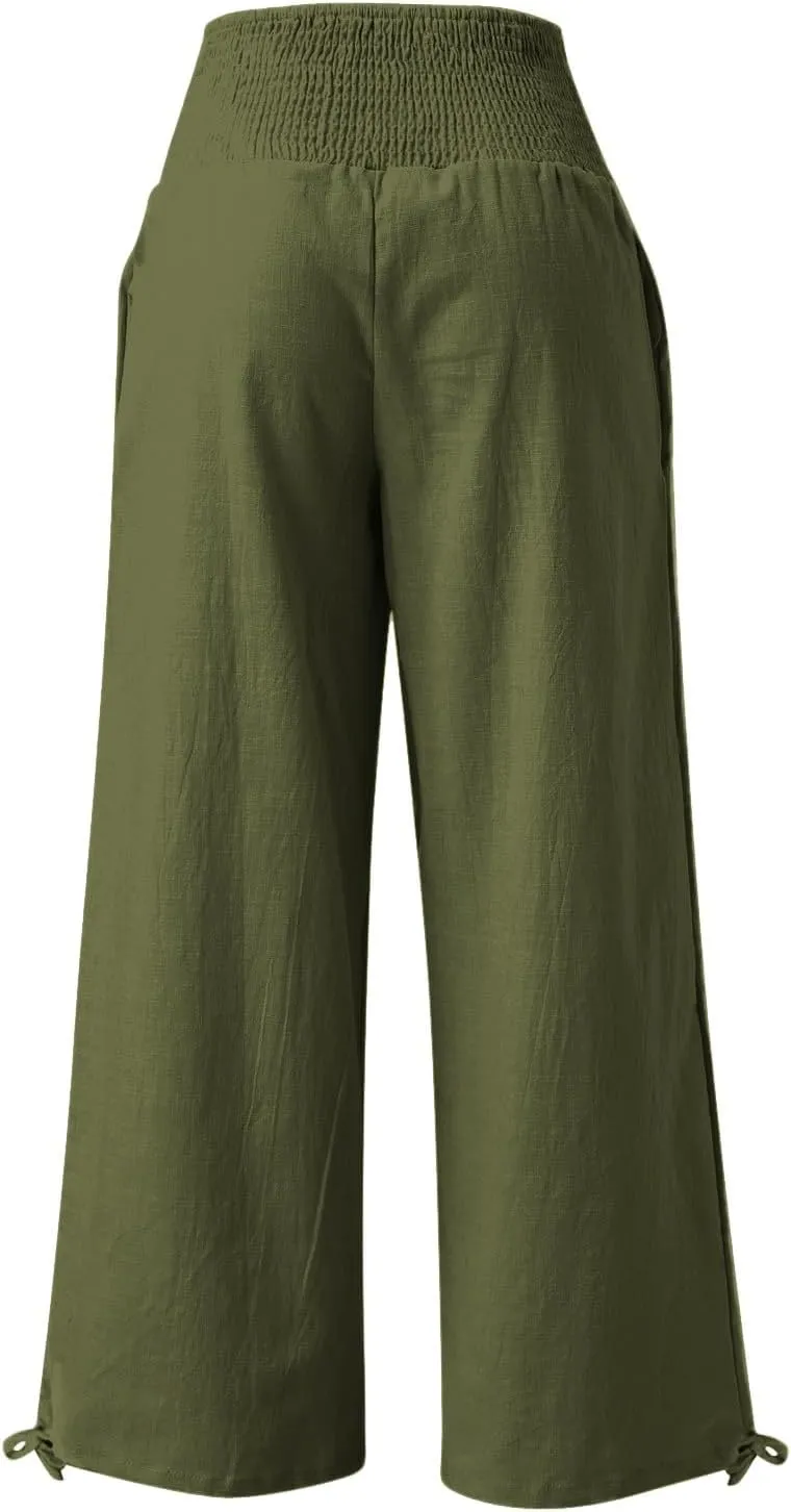 Womens High Waist Pockets Elastic Waist Solid Loose Pants Casual Long Trousers Women's Pants Casual Elastic Waist
