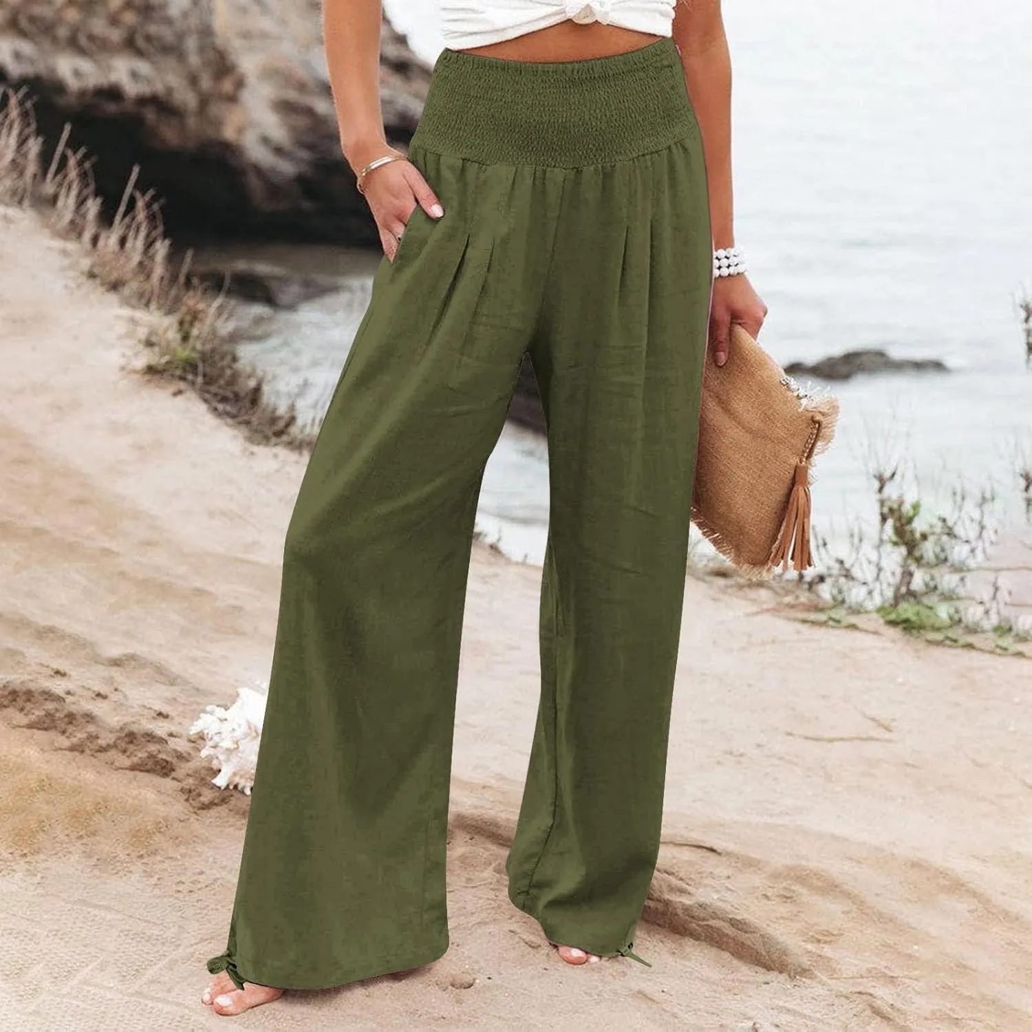 Womens High Waist Pockets Elastic Waist Solid Loose Pants Casual Long Trousers Women's Pants Casual Elastic Waist