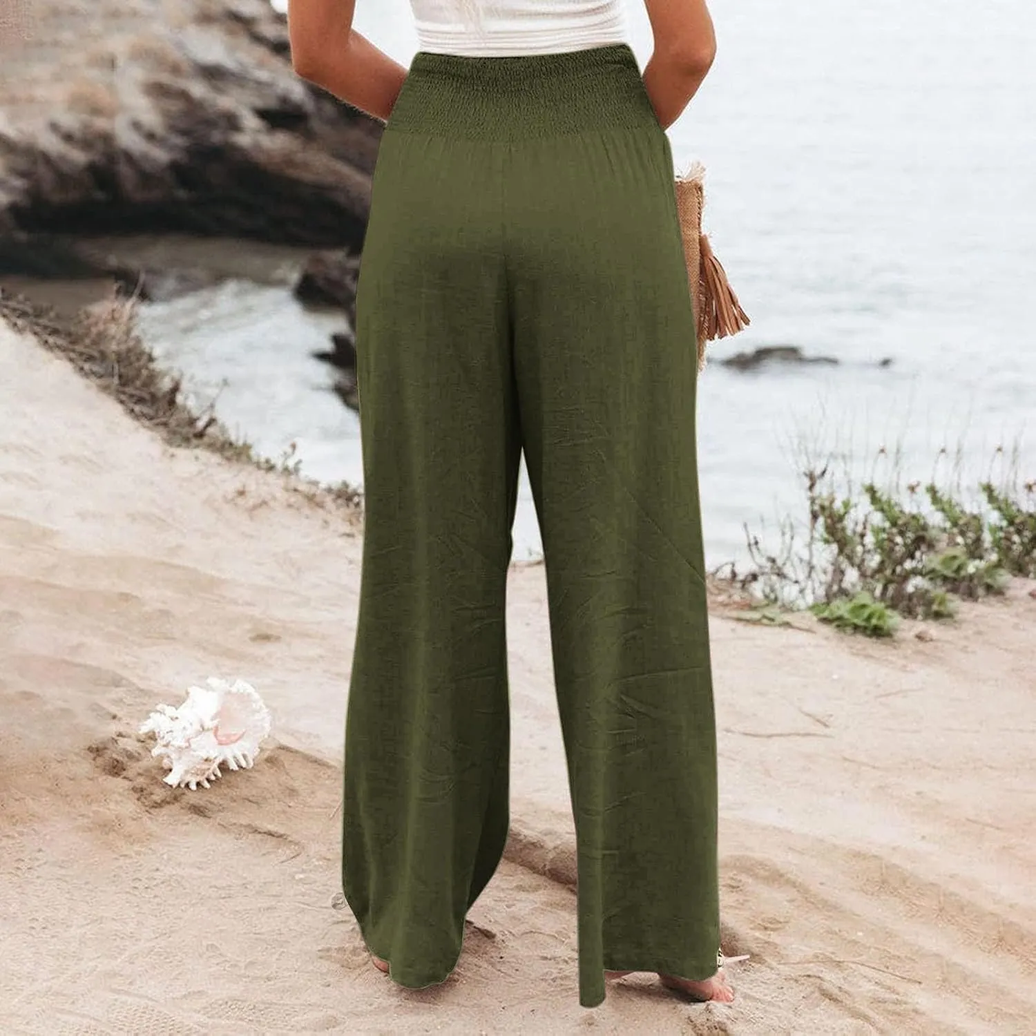 Womens High Waist Pockets Elastic Waist Solid Loose Pants Casual Long Trousers Women's Pants Casual Elastic Waist