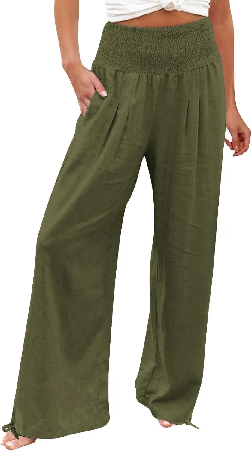 Womens High Waist Pockets Elastic Waist Solid Loose Pants Casual Long Trousers Women's Pants Casual Elastic Waist