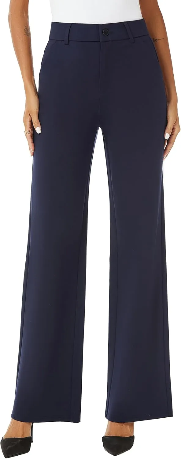 Womens High Waist Wide Straight Leg Trousers Casual Slacks Dress Pants with Pockets