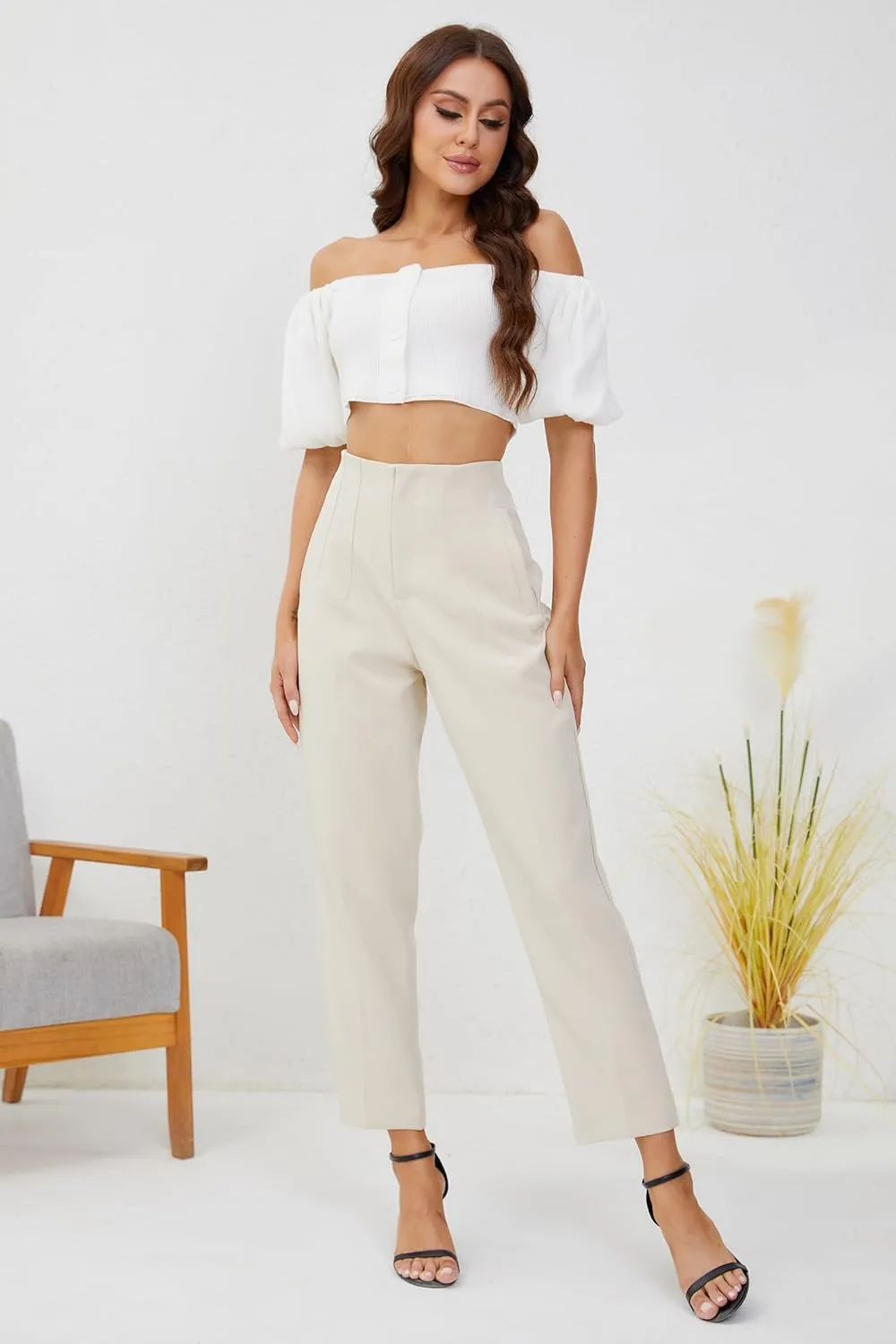 Women's High Waisted Business Trousers Straight Leg Pleated Office Slacks Pants