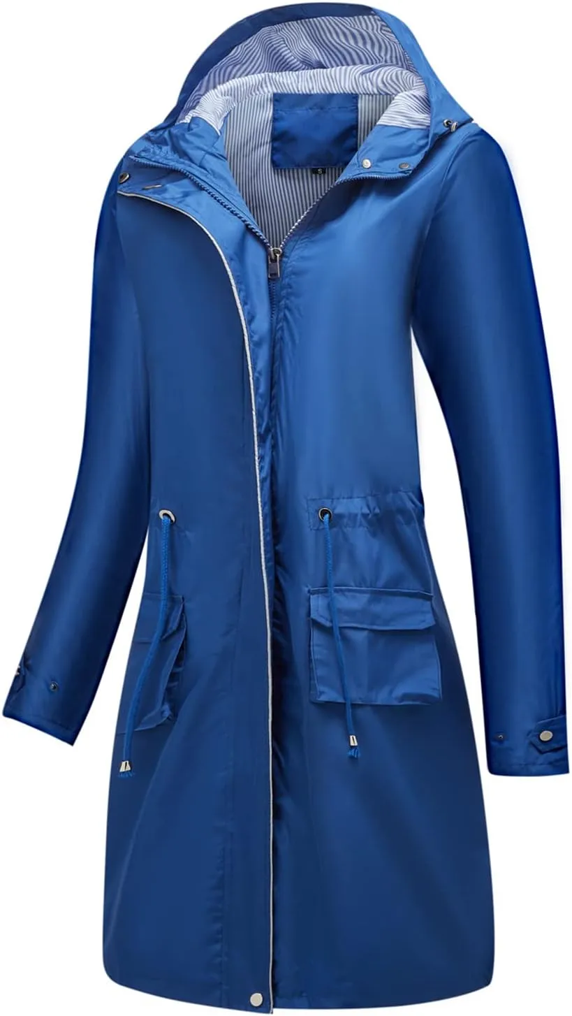 Women's Hooded Rain Jacket Long Waterproof Raincoat Casual Full Zip Anorak Midi Windbreaker Pockets