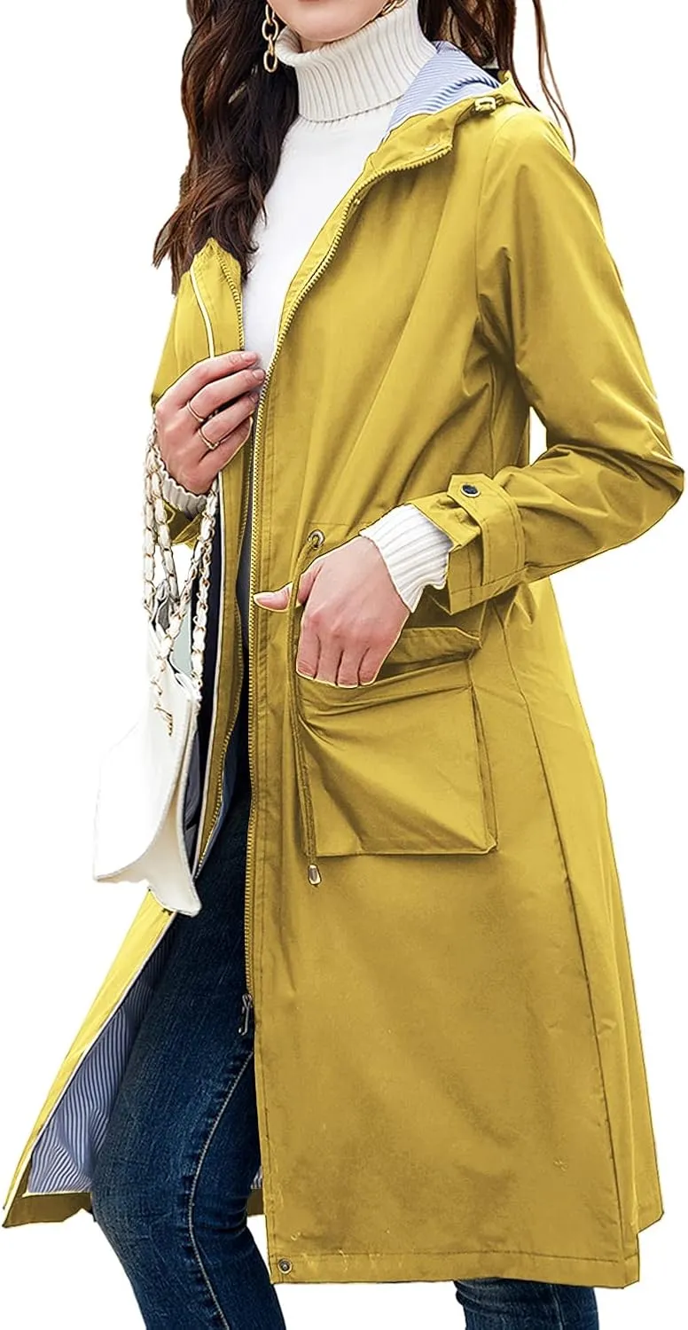 Women's Hooded Rain Jacket Long Waterproof Raincoat Casual Full Zip Anorak Midi Windbreaker Pockets