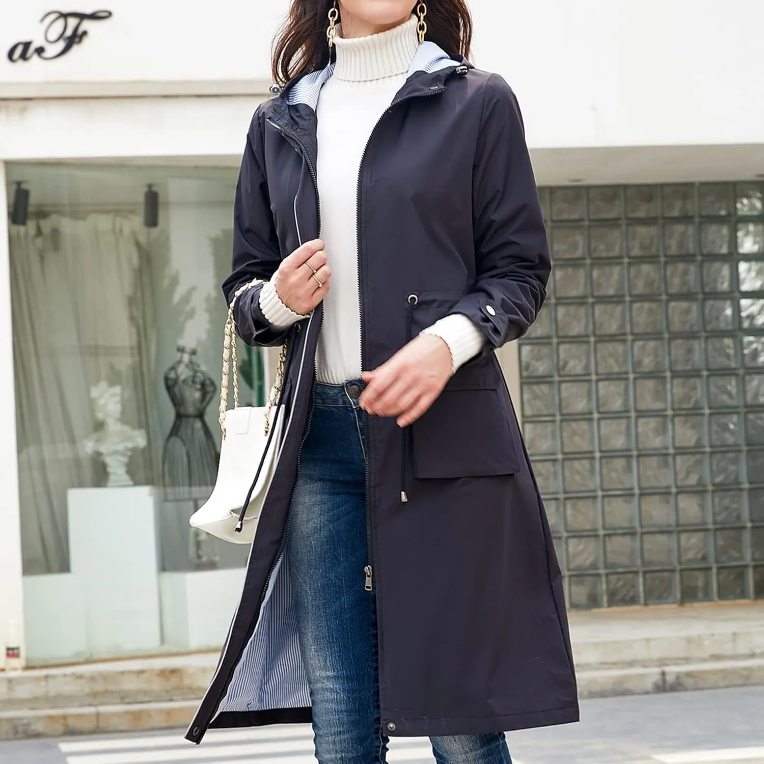 Women's Hooded Rain Jacket Long Waterproof Raincoat Casual Full Zip Anorak Midi Windbreaker Pockets