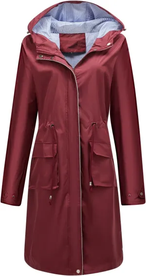 Women's Hooded Rain Jacket Long Waterproof Raincoat Casual Full Zip Anorak Midi Windbreaker Pockets
