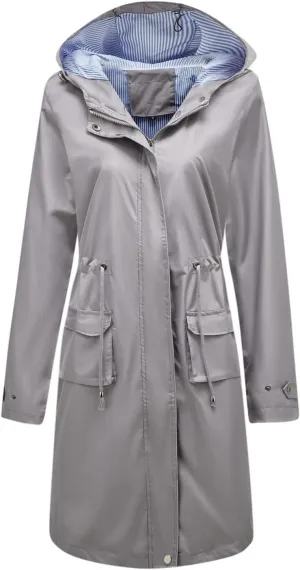 Women's Hooded Rain Jacket Long Waterproof Raincoat Casual Full Zip Anorak Midi Windbreaker Pockets