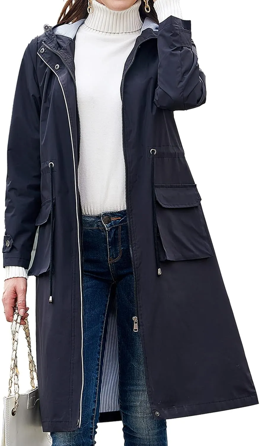 Women's Hooded Rain Jacket Long Waterproof Raincoat Casual Full Zip Anorak Midi Windbreaker Pockets