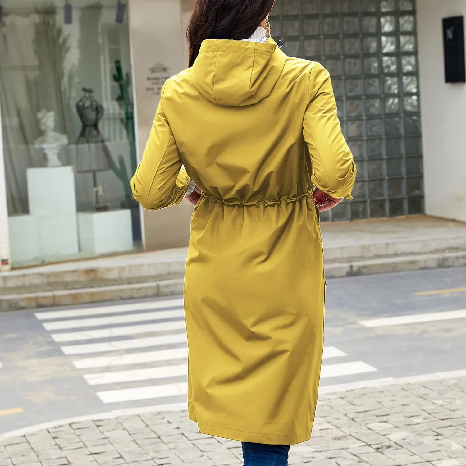 Women's Hooded Rain Jacket Long Waterproof Raincoat Casual Full Zip Anorak Midi Windbreaker Pockets