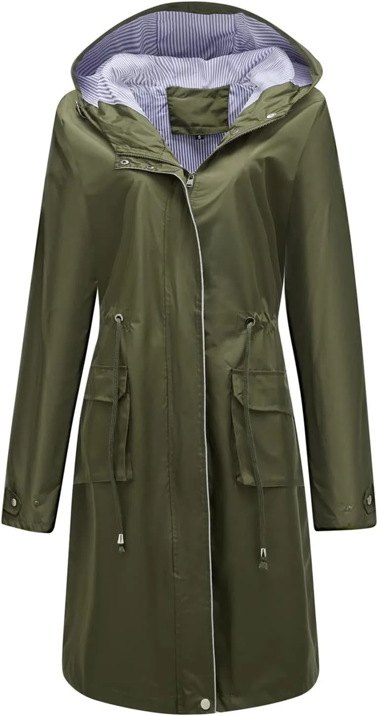 Women's Hooded Rain Jacket Long Waterproof Raincoat Casual Full Zip Anorak Midi Windbreaker Pockets