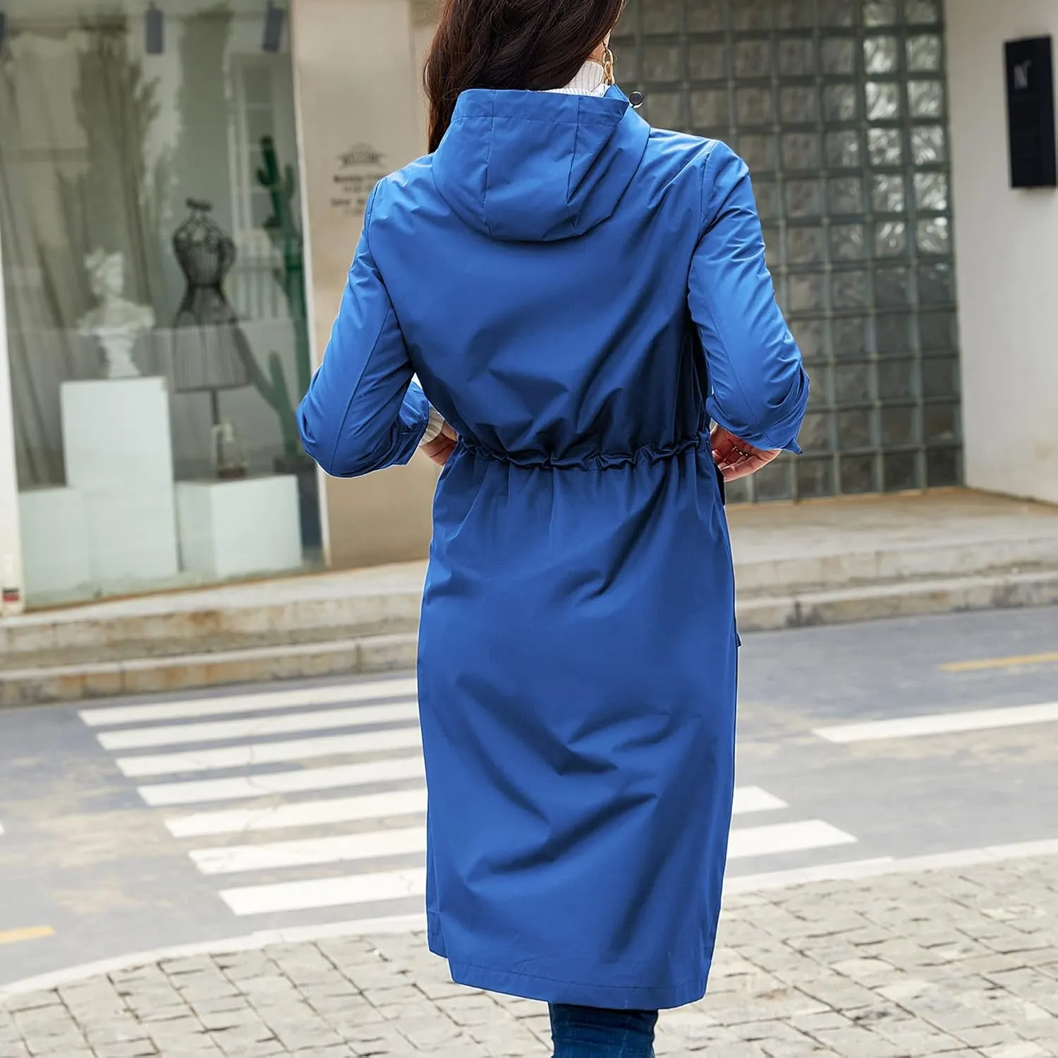 Women's Hooded Rain Jacket Long Waterproof Raincoat Casual Full Zip Anorak Midi Windbreaker Pockets