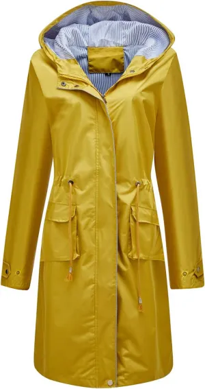 Women's Hooded Rain Jacket Long Waterproof Raincoat Casual Full Zip Anorak Midi Windbreaker Pockets