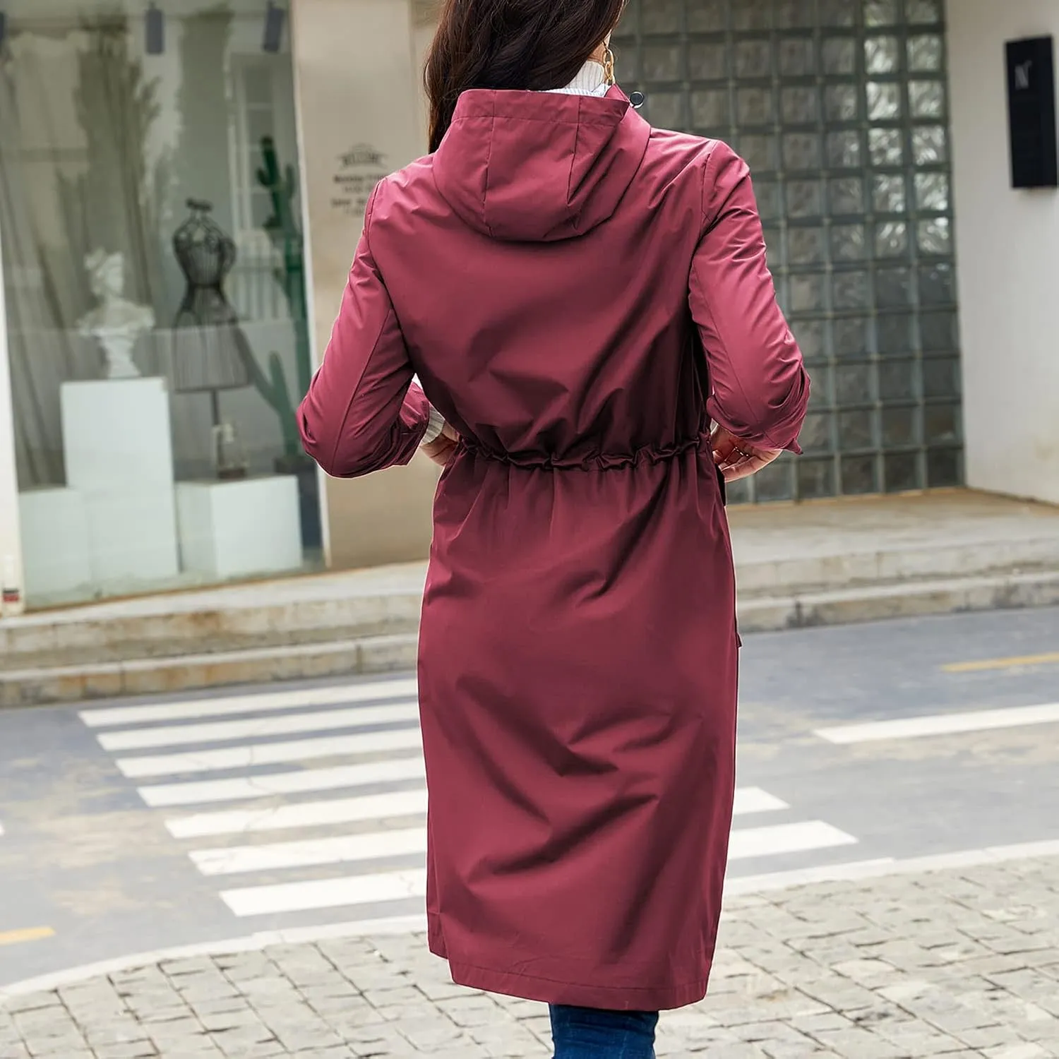 Women's Hooded Rain Jacket Long Waterproof Raincoat Casual Full Zip Anorak Midi Windbreaker Pockets