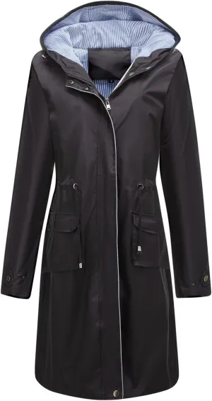 Women's Hooded Rain Jacket Long Waterproof Raincoat Casual Full Zip Anorak Midi Windbreaker Pockets