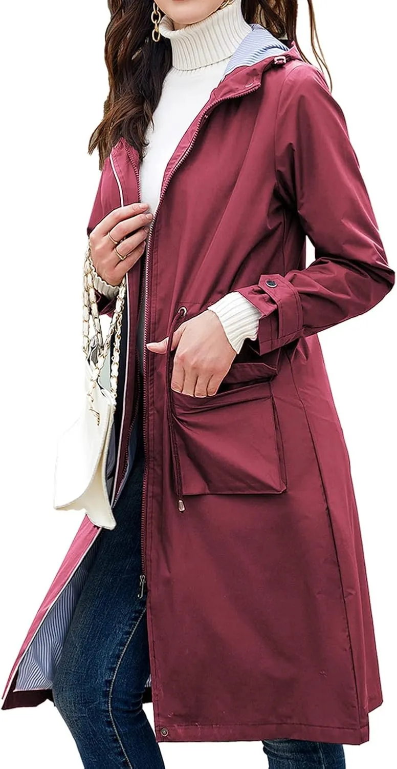 Women's Hooded Rain Jacket Long Waterproof Raincoat Casual Full Zip Anorak Midi Windbreaker Pockets