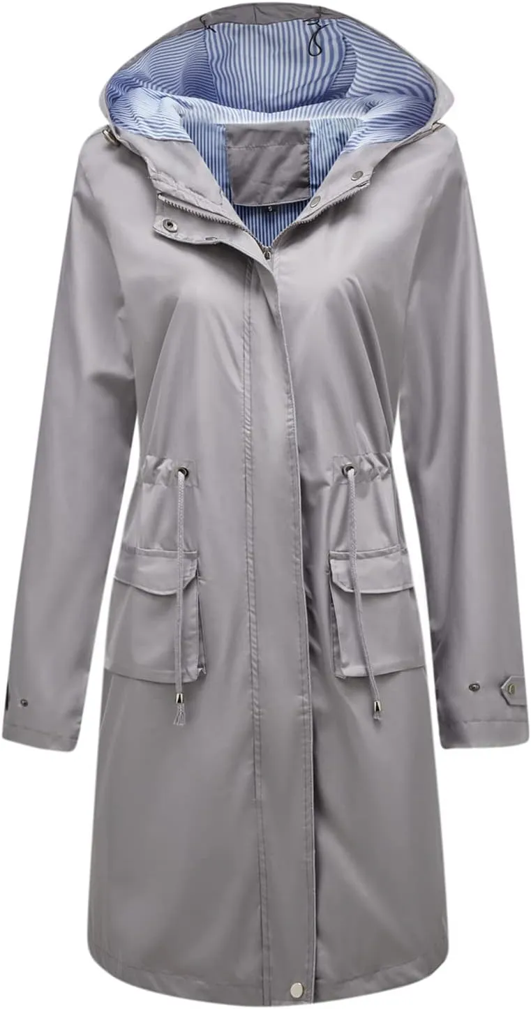 Women's Hooded Rain Jacket Long Waterproof Raincoat Casual Full Zip Anorak Midi Windbreaker Pockets