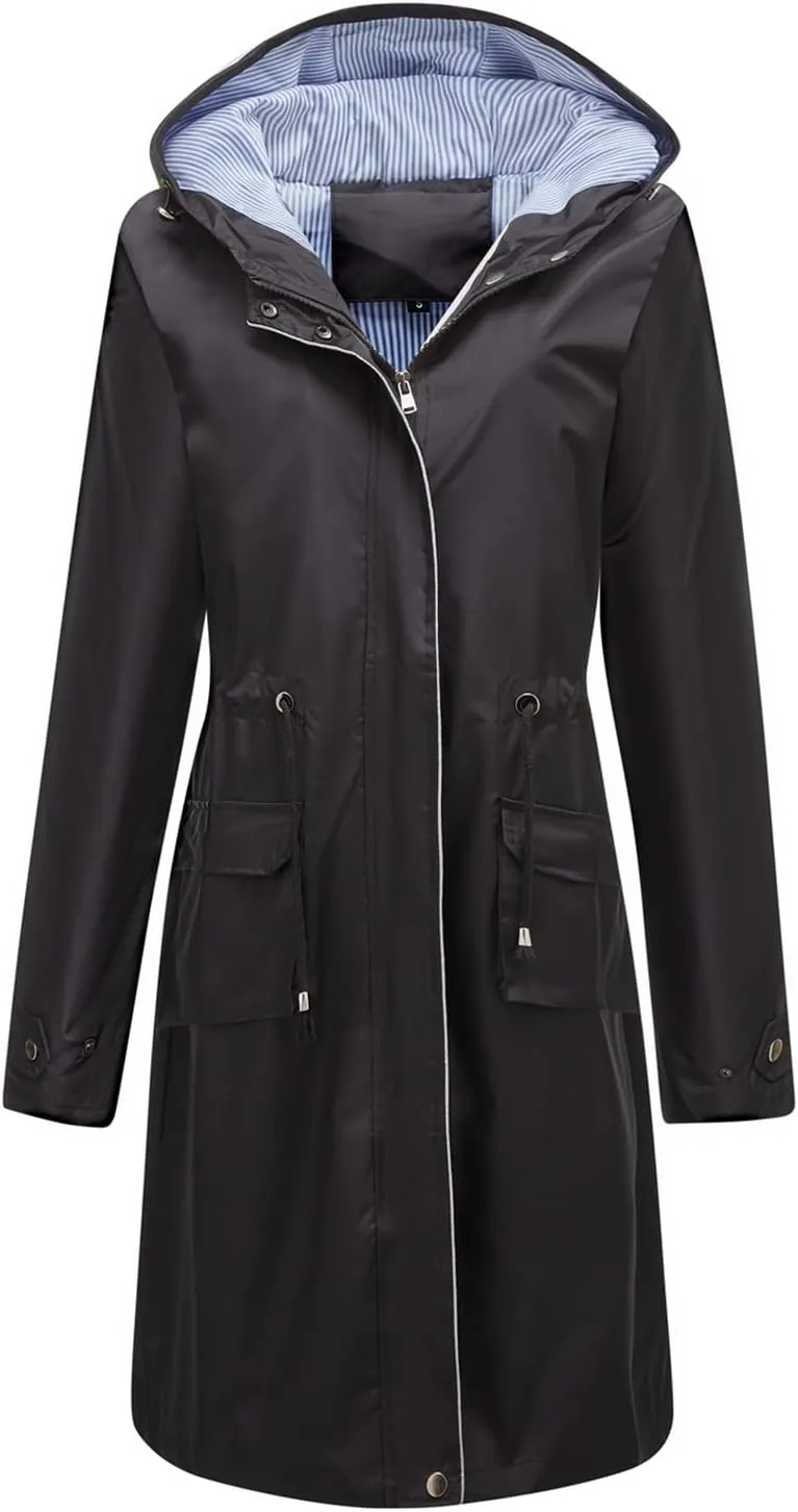 Women's Hooded Rain Jacket Long Waterproof Raincoat Casual Full Zip Anorak Midi Windbreaker Pockets