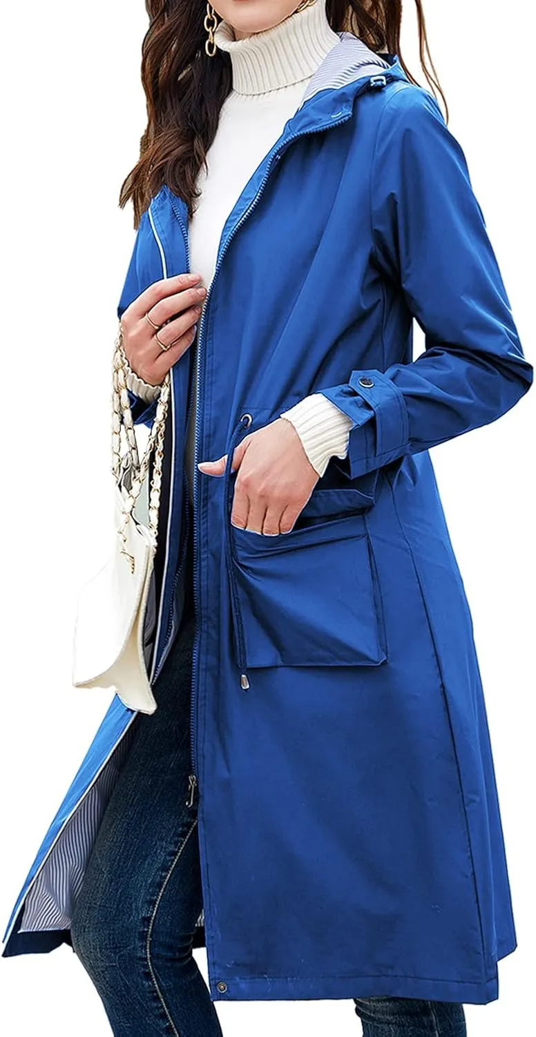 Women's Hooded Rain Jacket Long Waterproof Raincoat Casual Full Zip Anorak Midi Windbreaker Pockets