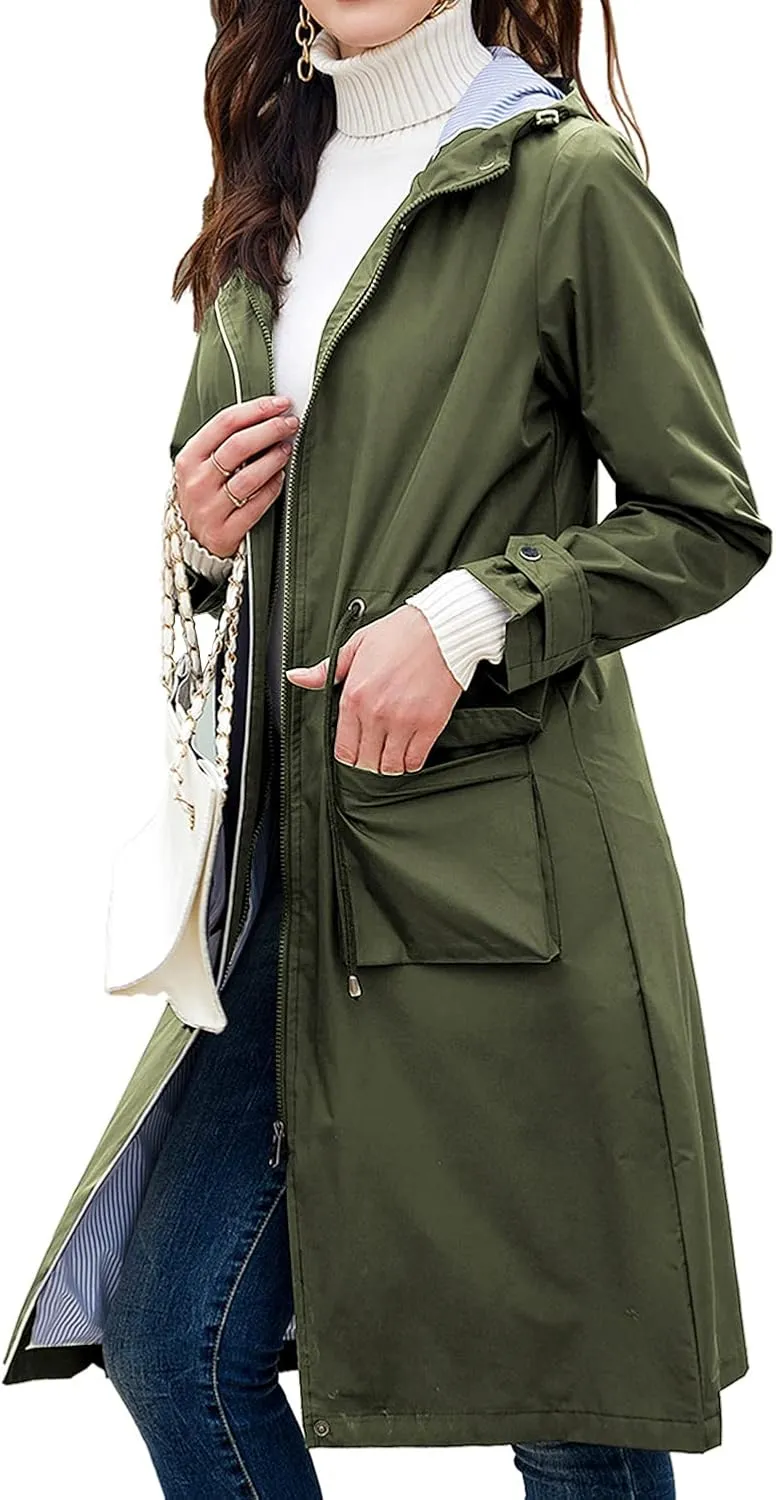 Women's Hooded Rain Jacket Long Waterproof Raincoat Casual Full Zip Anorak Midi Windbreaker Pockets