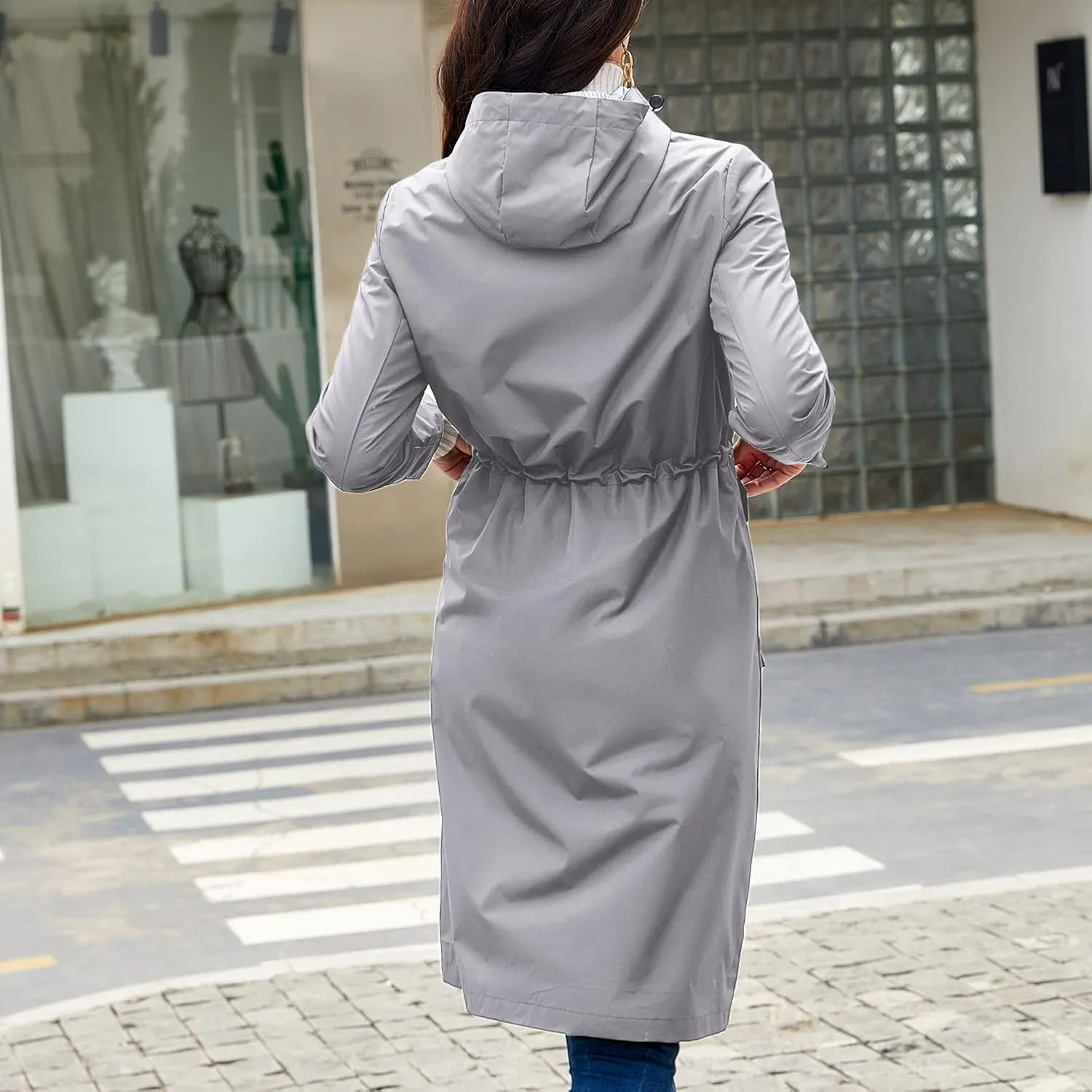 Women's Hooded Rain Jacket Long Waterproof Raincoat Casual Full Zip Anorak Midi Windbreaker Pockets