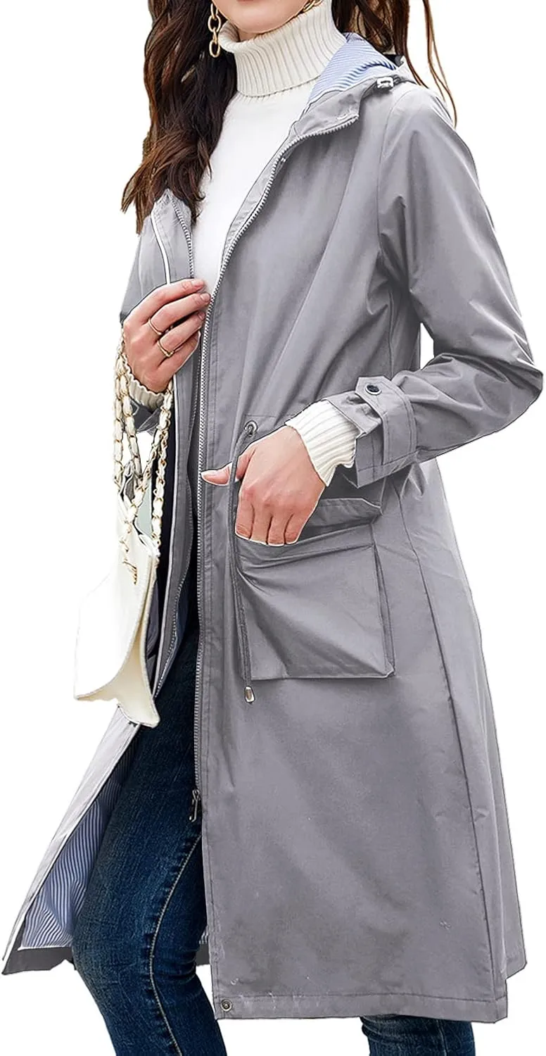 Women's Hooded Rain Jacket Long Waterproof Raincoat Casual Full Zip Anorak Midi Windbreaker Pockets