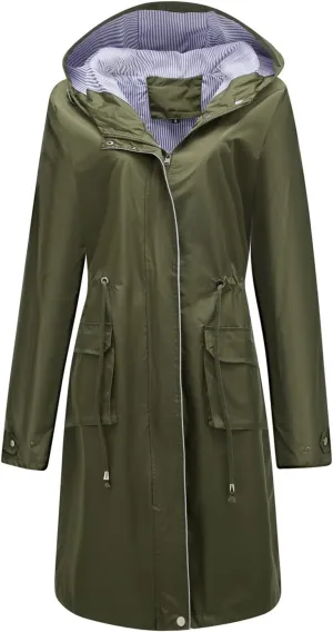 Women's Hooded Rain Jacket Long Waterproof Raincoat Casual Full Zip Anorak Midi Windbreaker Pockets