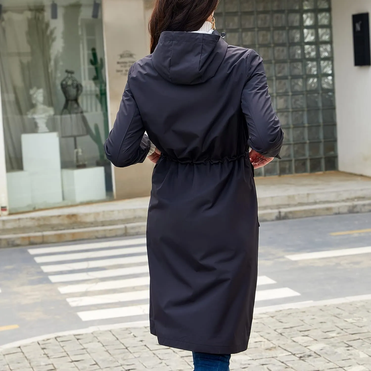 Women's Hooded Rain Jacket Long Waterproof Raincoat Casual Full Zip Anorak Midi Windbreaker Pockets
