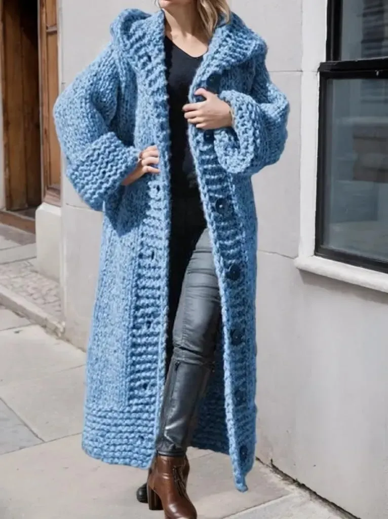 Womens Knitted Cardigan Sweaters Button up Hooded Cardigan Autumn Winter Chunky Long Sweater Open Front Coat Outerwear
