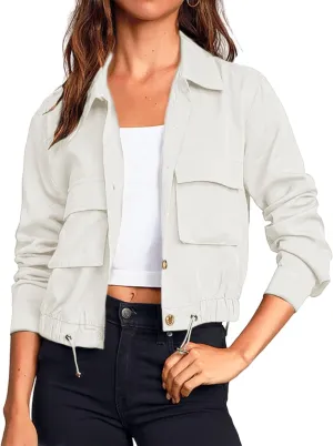Women's Lightweight Black Cropped Utility Jacket Military Safari Button Down Anorak Coat with Pockets