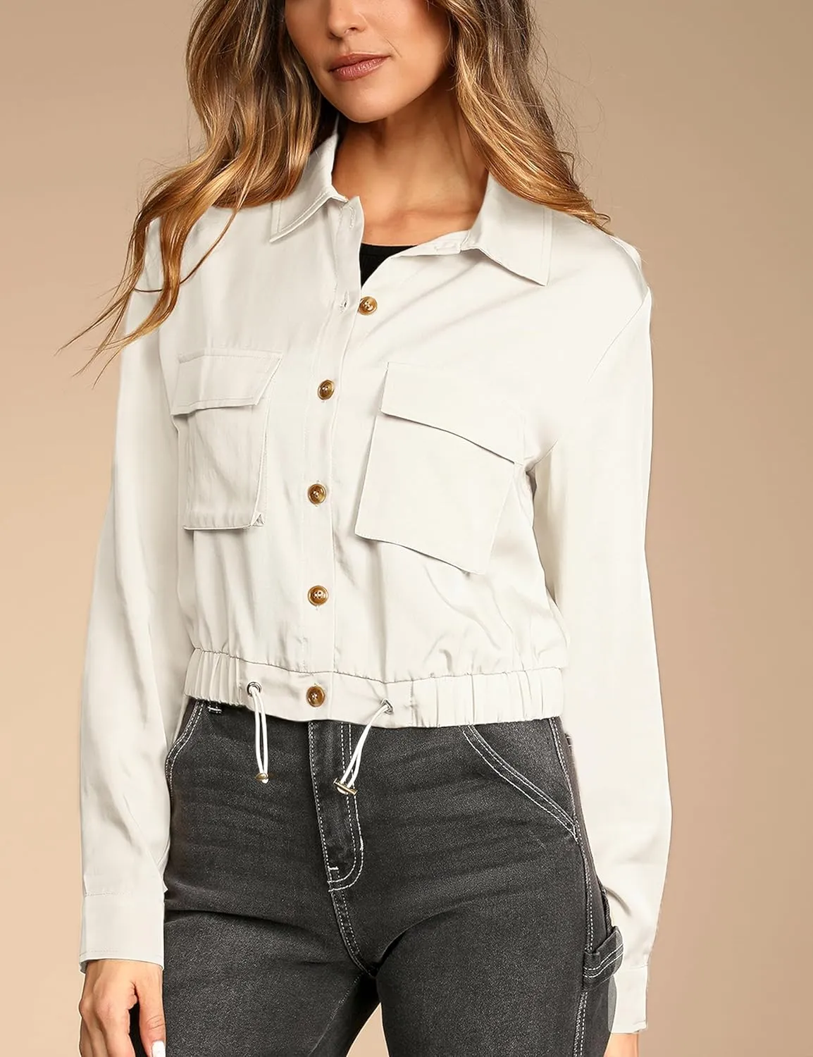 Women's Lightweight Black Cropped Utility Jacket Military Safari Button Down Anorak Coat with Pockets