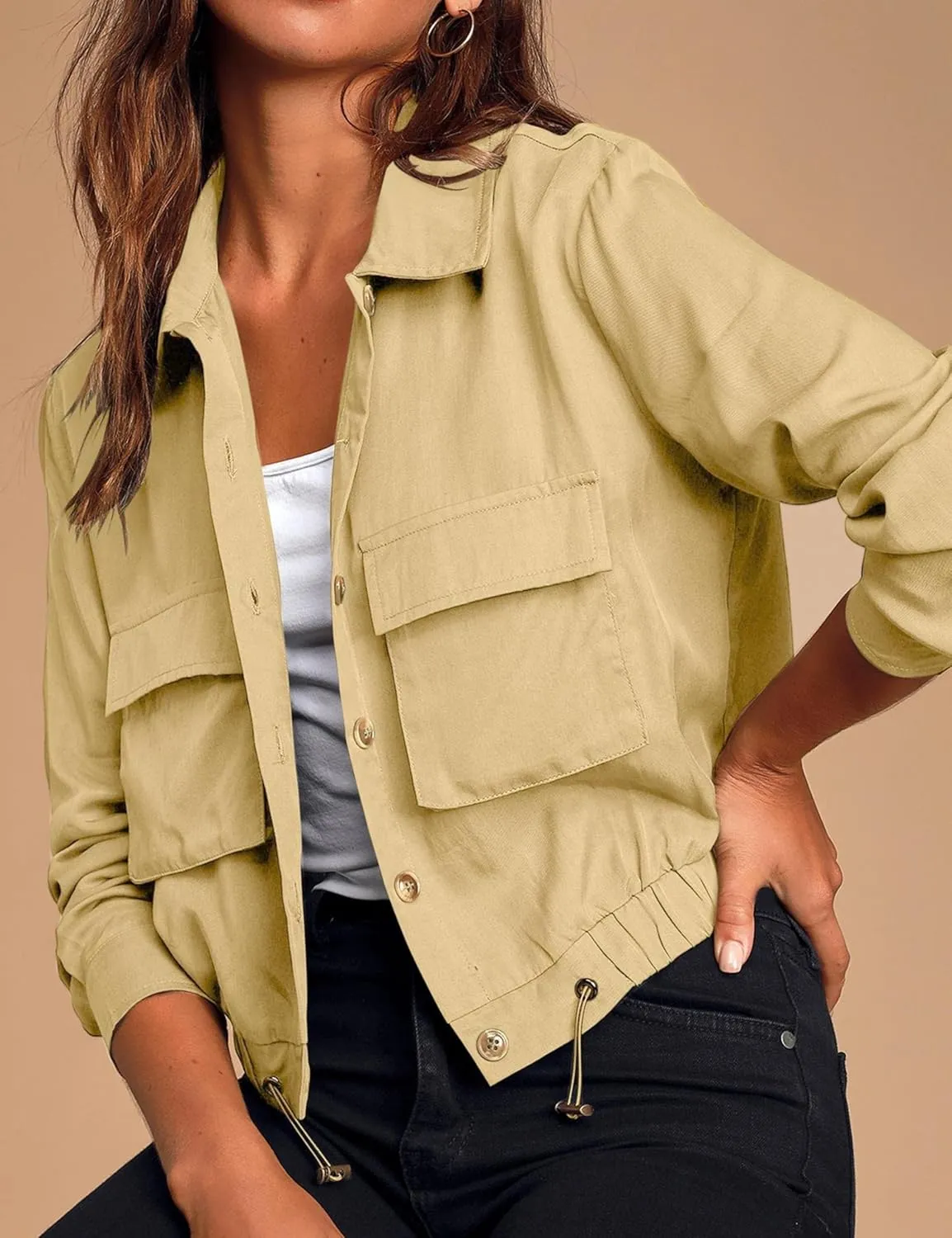 Women's Lightweight Black Cropped Utility Jacket Military Safari Button Down Anorak Coat with Pockets